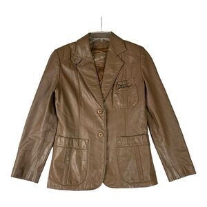 Vintage Leather Etienne Aigner Jacket/Blazer Womens Brown Button Up Pleated Back